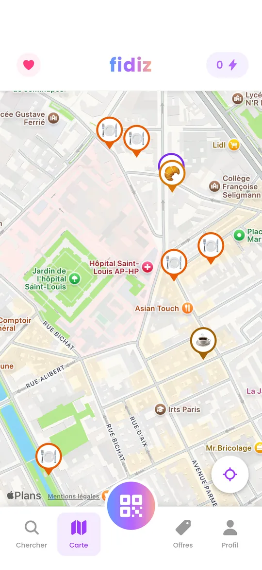 Carte de l'app Fidiz montrant les commerçants partenaires à proximité