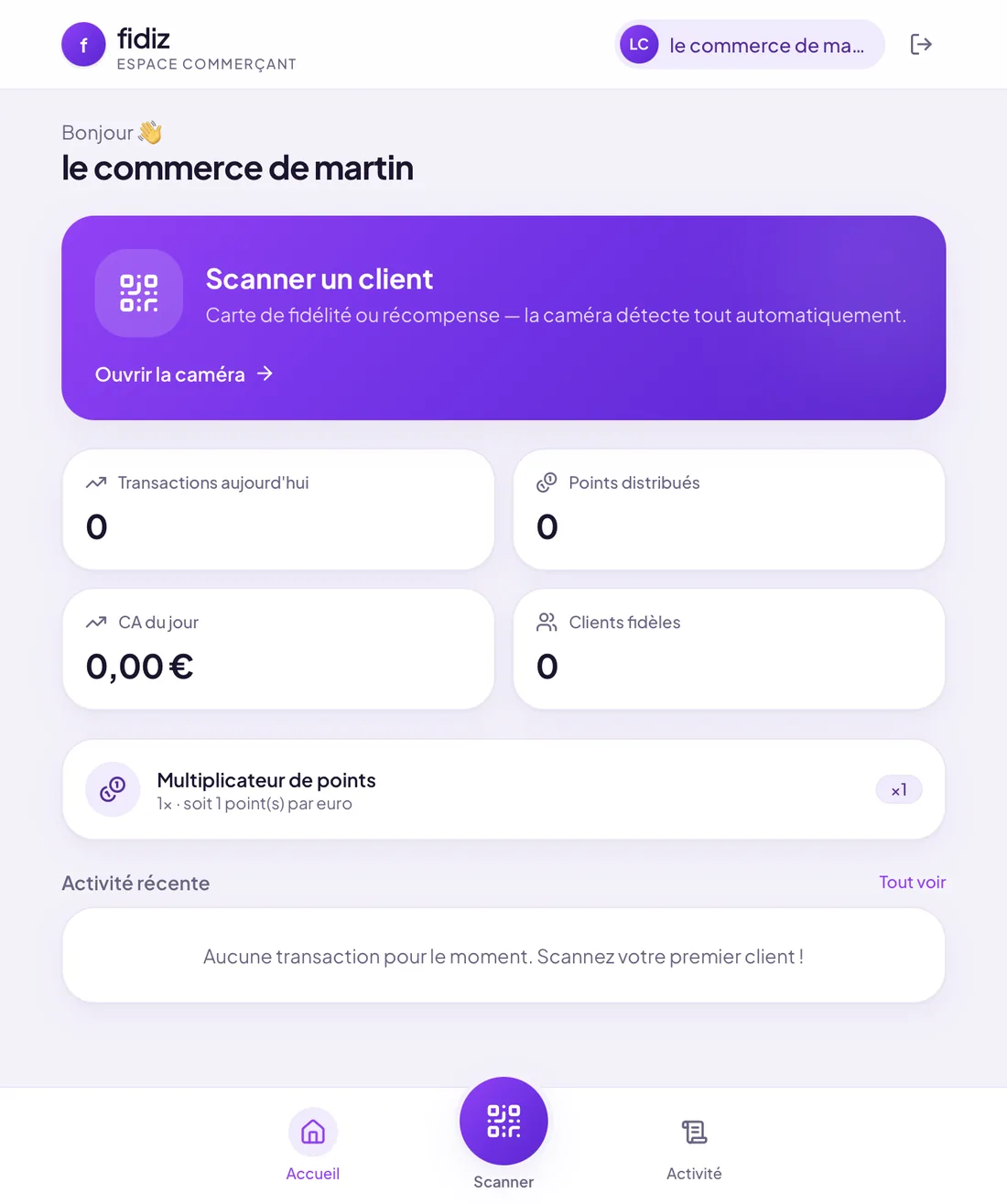 Espace commerçant Fidiz : scanner un client, transactions, points distribués et chiffre d'affaires du jour