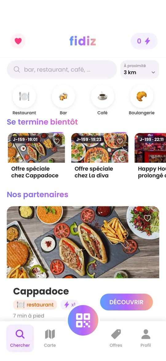 Recherche de commerçants partenaires dans l'app Fidiz