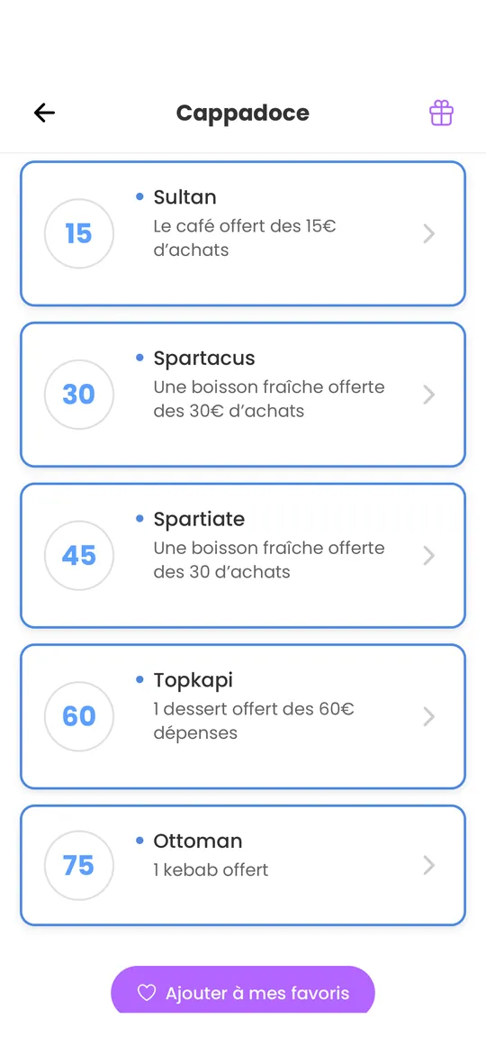 Paliers de récompenses d'un commerçant partenaire dans l'app Fidiz